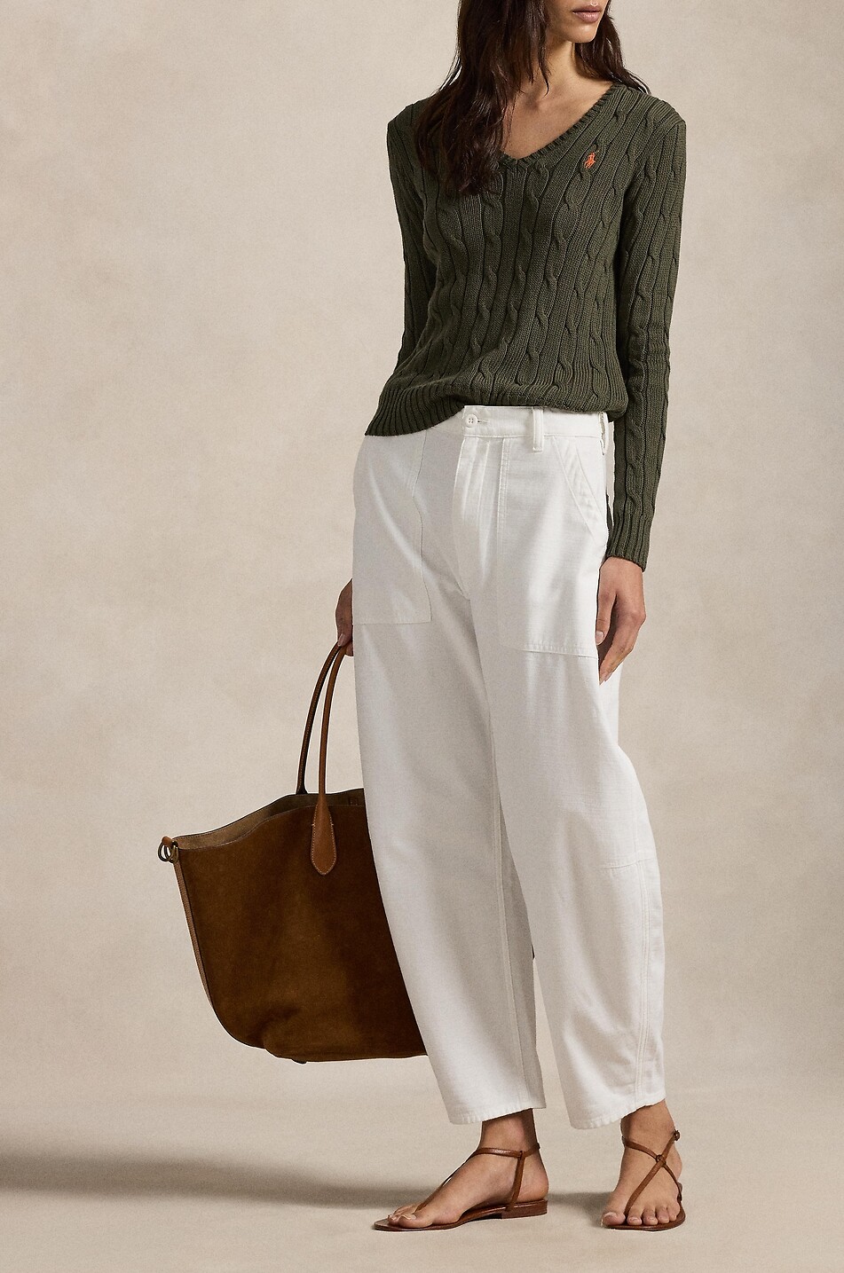 POLO RALPH LAUREN Pony V-neck cable-knit cotton jumper Women DARK GREEN 2