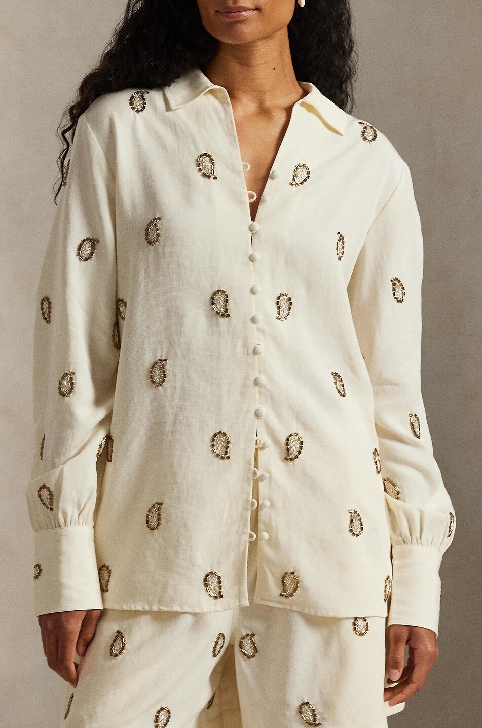 POLO RALPH LAUREN Paisley-beaded lyocell and linen shirt Women EGGSHELL 5