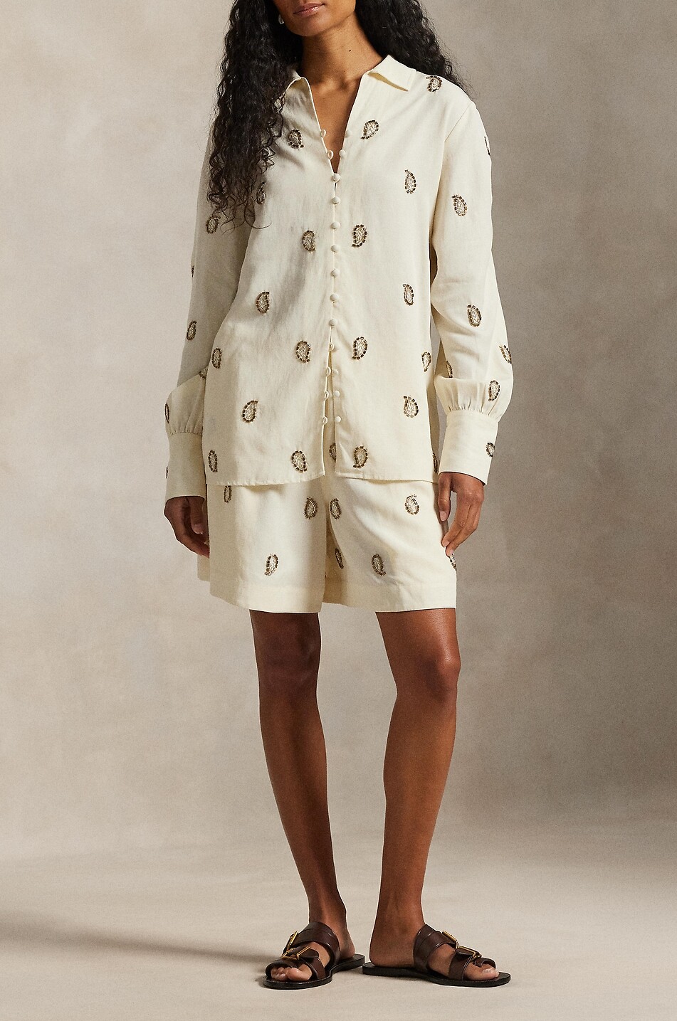 POLO RALPH LAUREN Paisley-beaded lyocell and linen shirt Women EGGSHELL 2