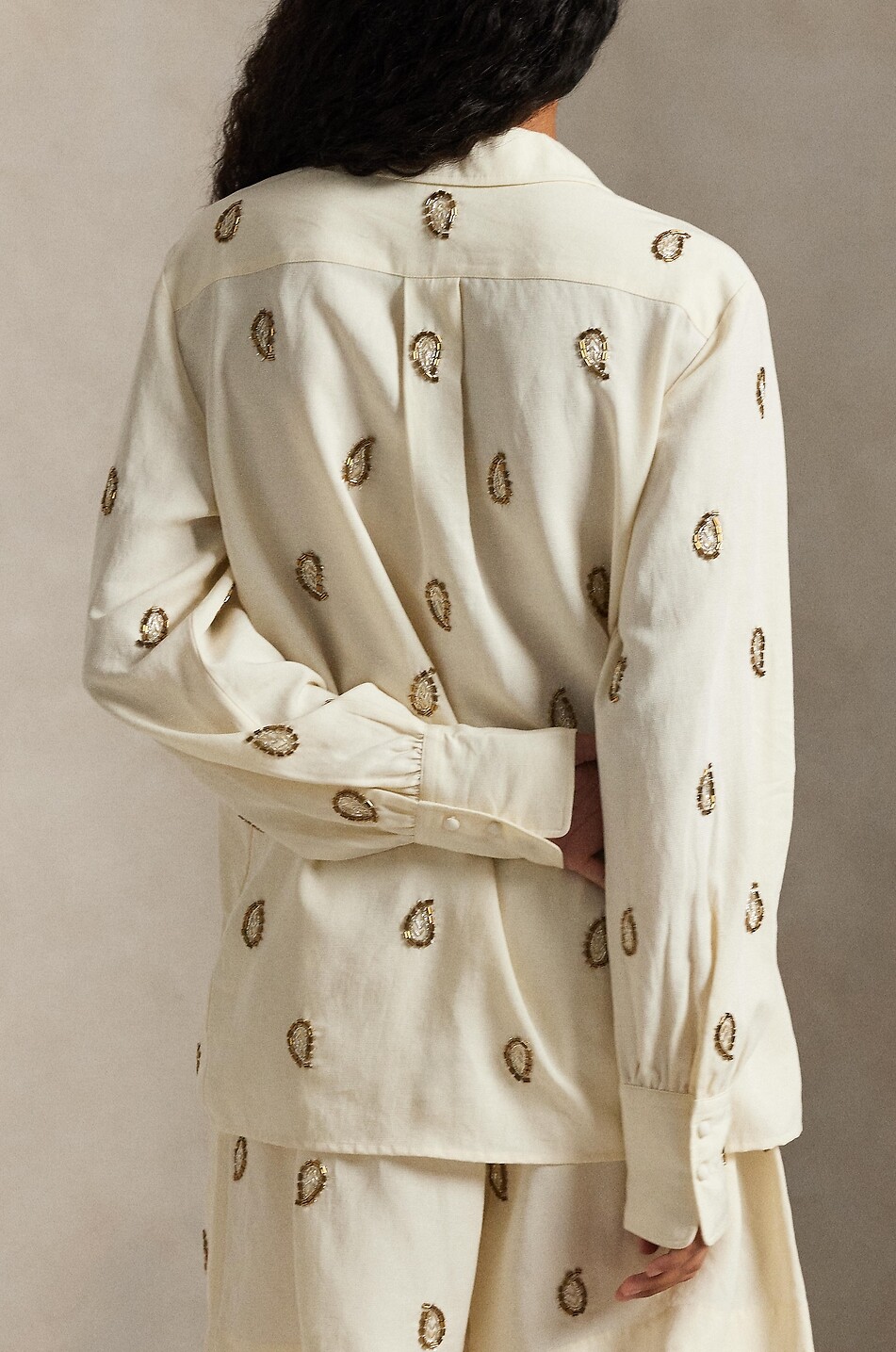 POLO RALPH LAUREN Paisley-beaded lyocell and linen shirt Women EGGSHELL 3