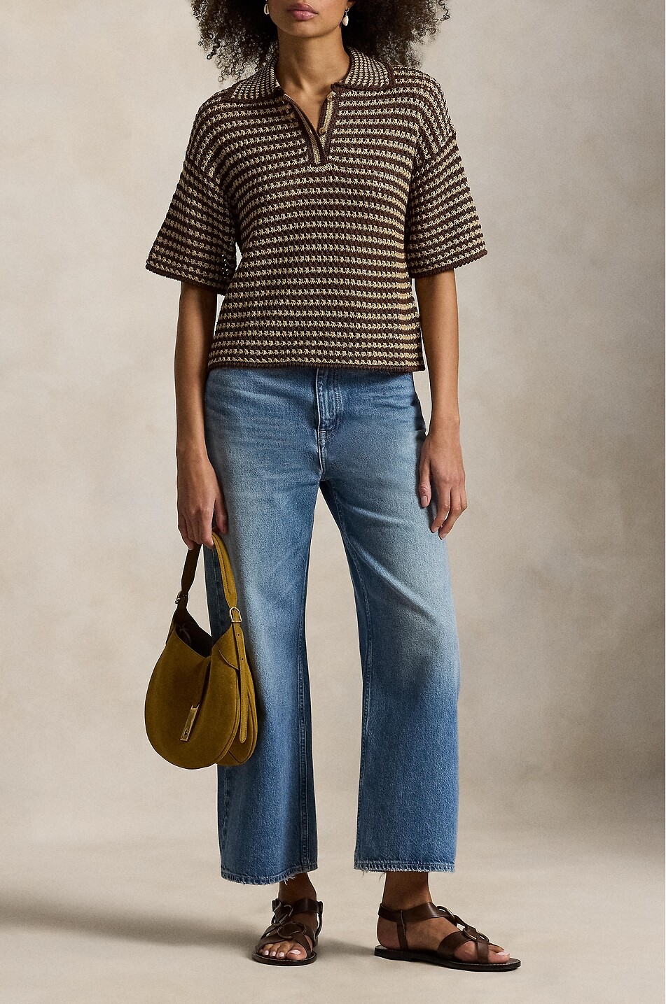 POLO RALPH LAUREN Polo boxy en maille ajourée rayée de coton Femme MARRON 2