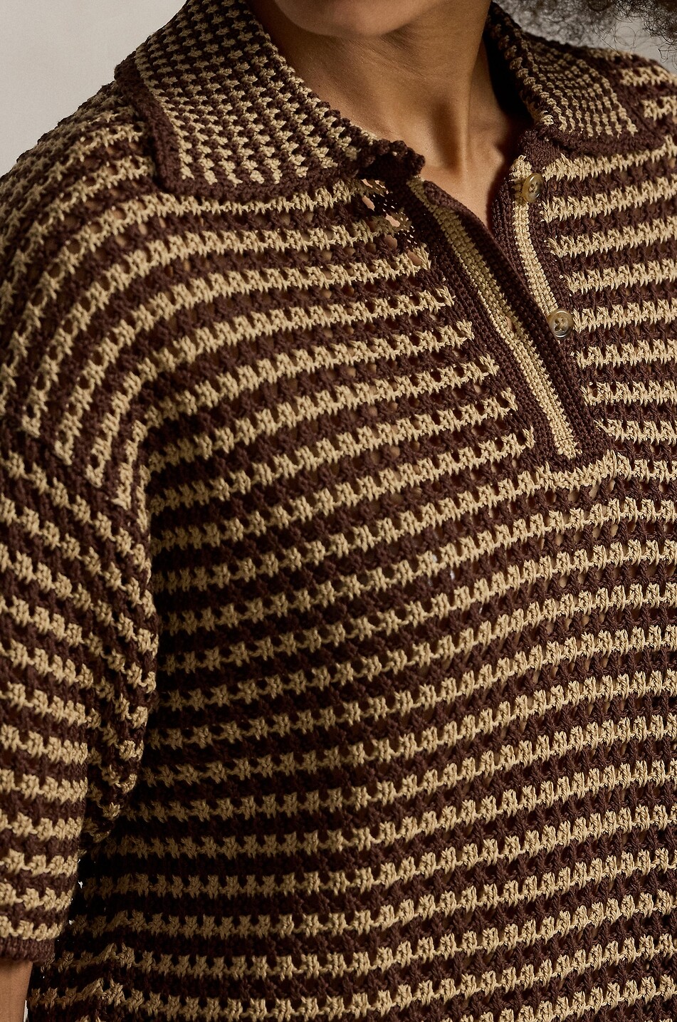 POLO RALPH LAUREN Polo boxy en maille ajourée rayée de coton Femme MARRON 5