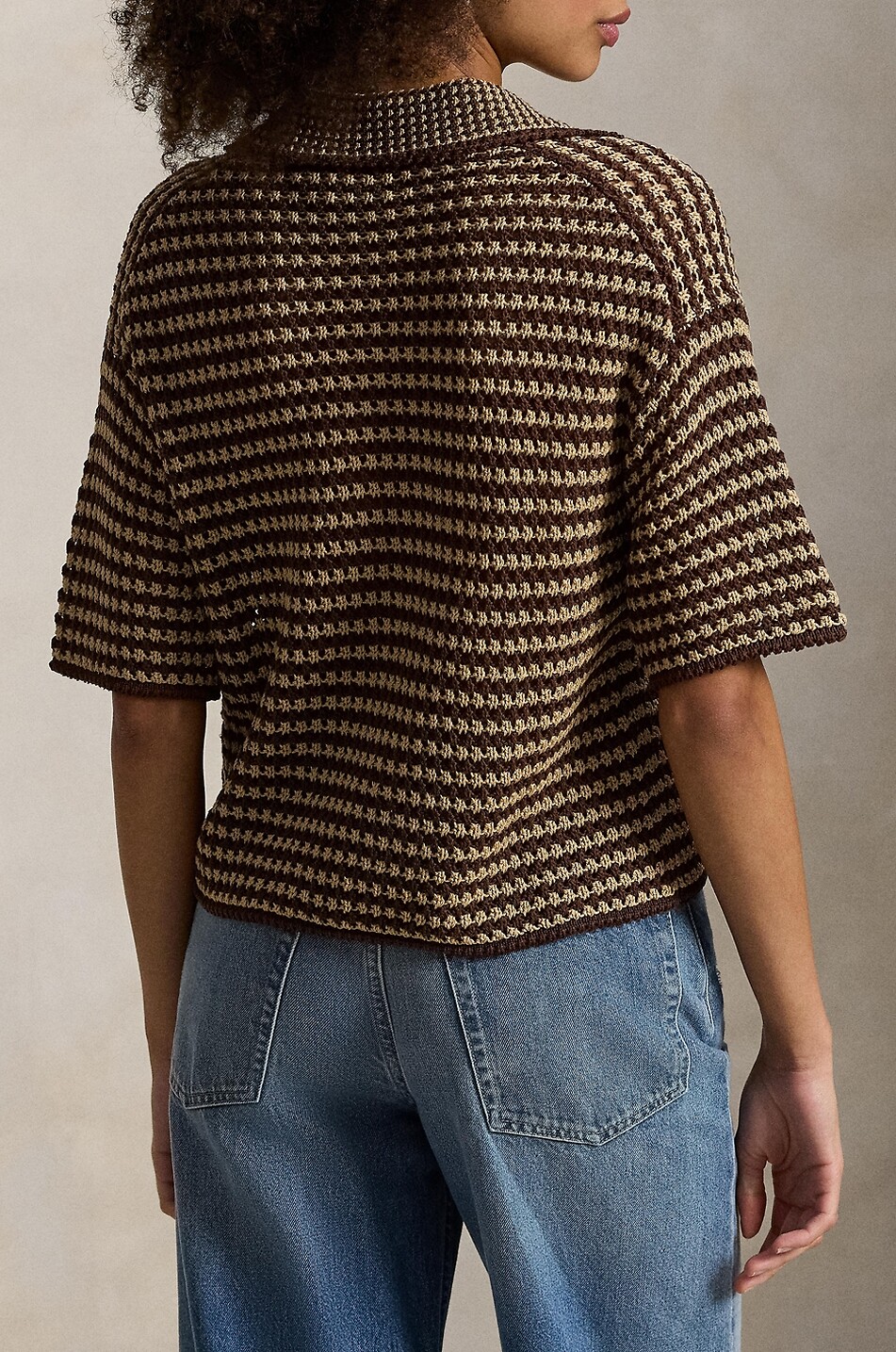 POLO RALPH LAUREN Polo boxy en maille ajourée rayée de coton Femme MARRON 3