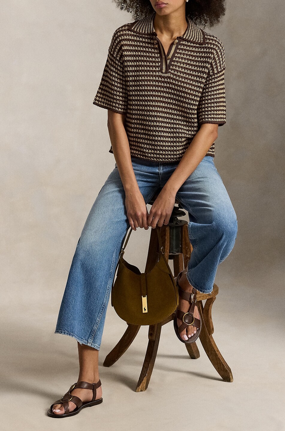 POLO RALPH LAUREN Polo boxy en maille ajourée rayée de coton Femme MARRON 4