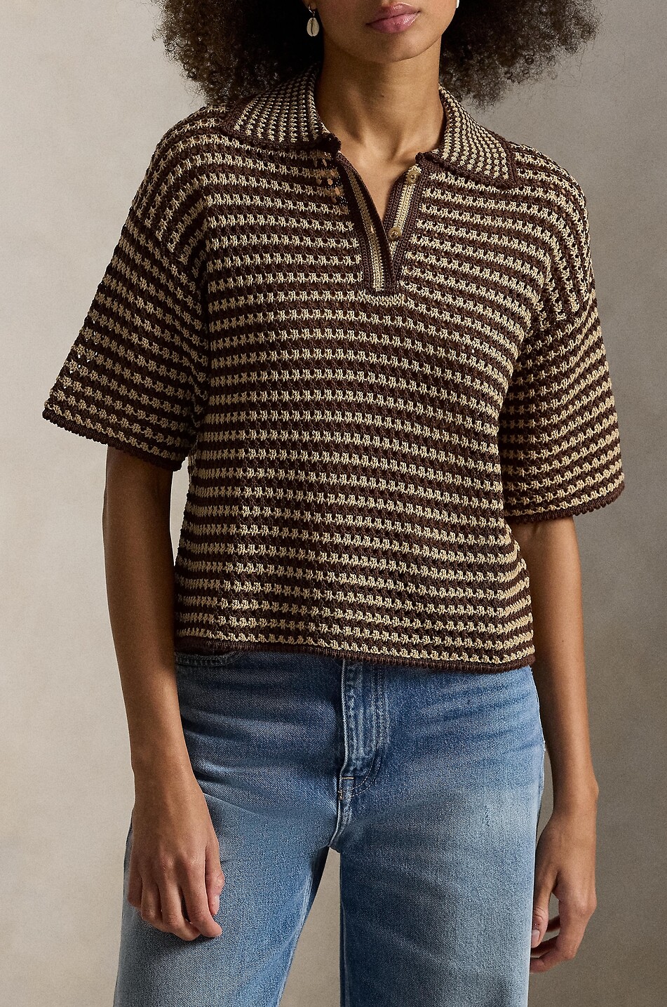 POLO RALPH LAUREN Polo boxy en maille ajourée rayée de coton Femme MARRON 6