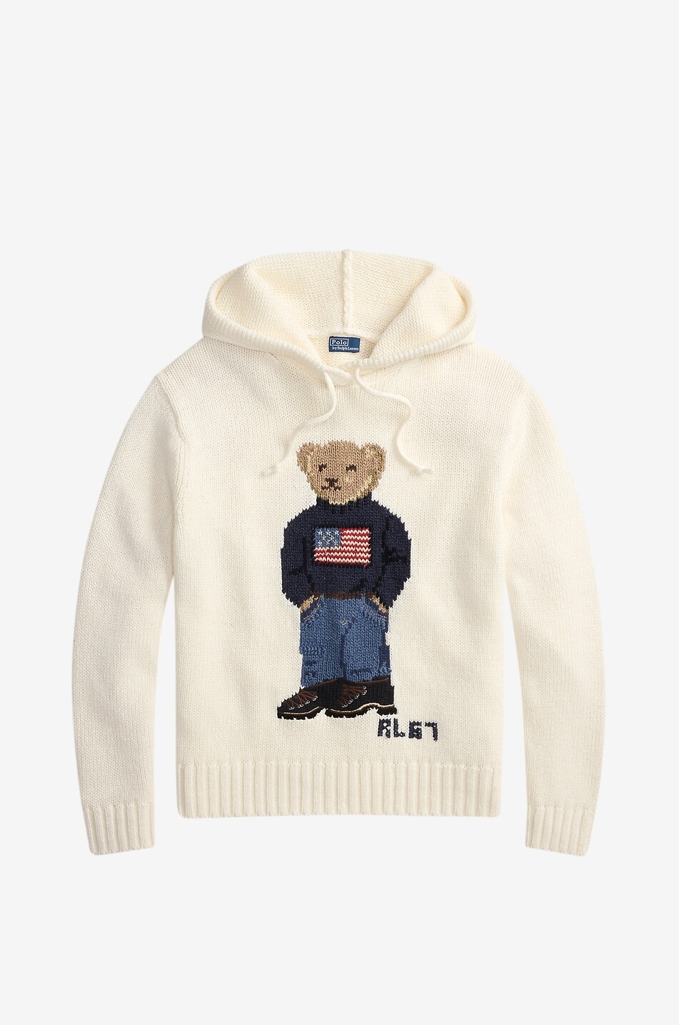 Pull jacquard à capuche en lin et coton Flag Polo Bear