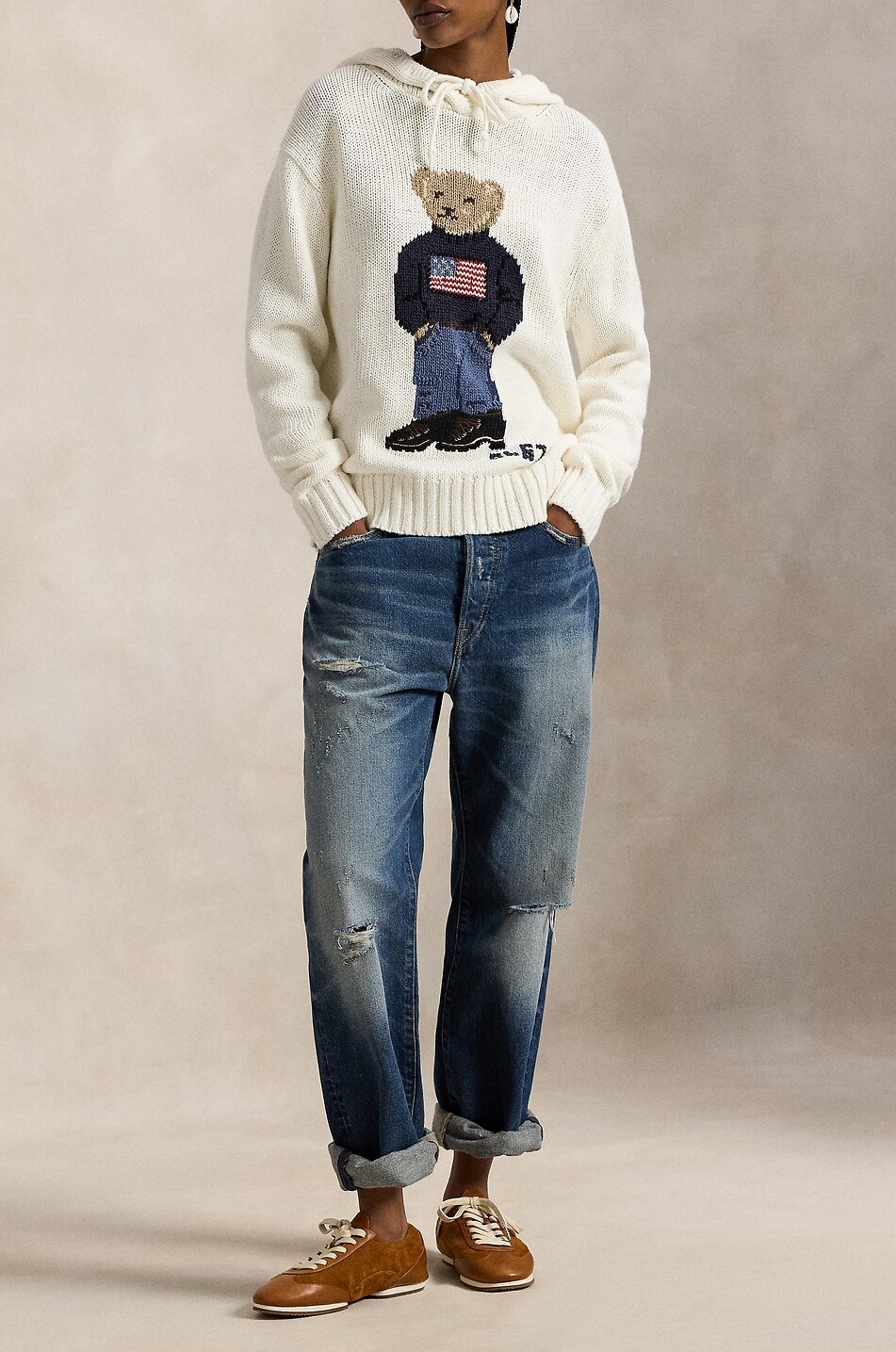 POLO RALPH LAUREN Pull jacquard à capuche en lin et coton Flag Polo Bear Femme BLANC 2