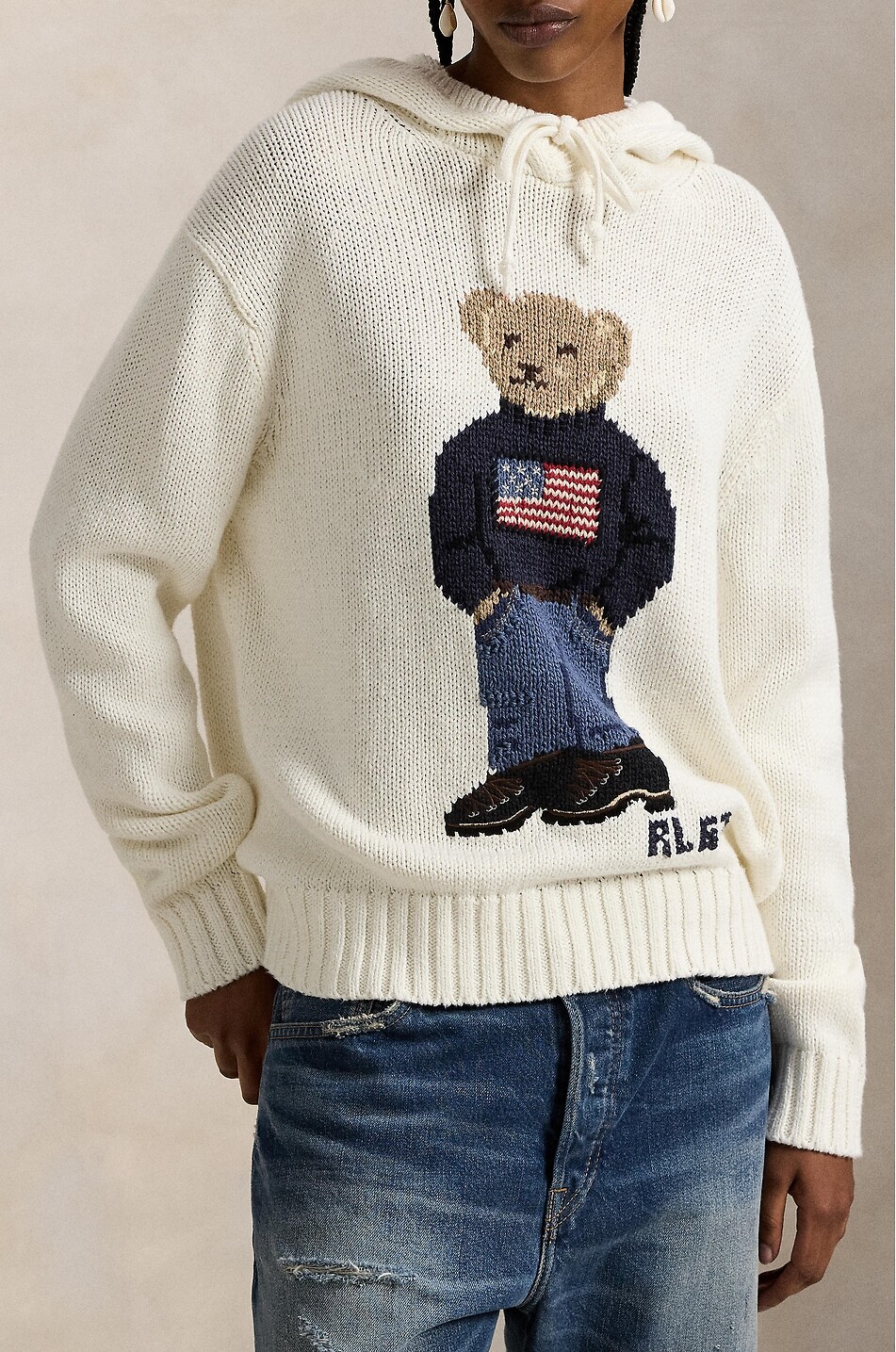 POLO RALPH LAUREN Pull jacquard à capuche en lin et coton Flag Polo Bear Femme BLANC 5