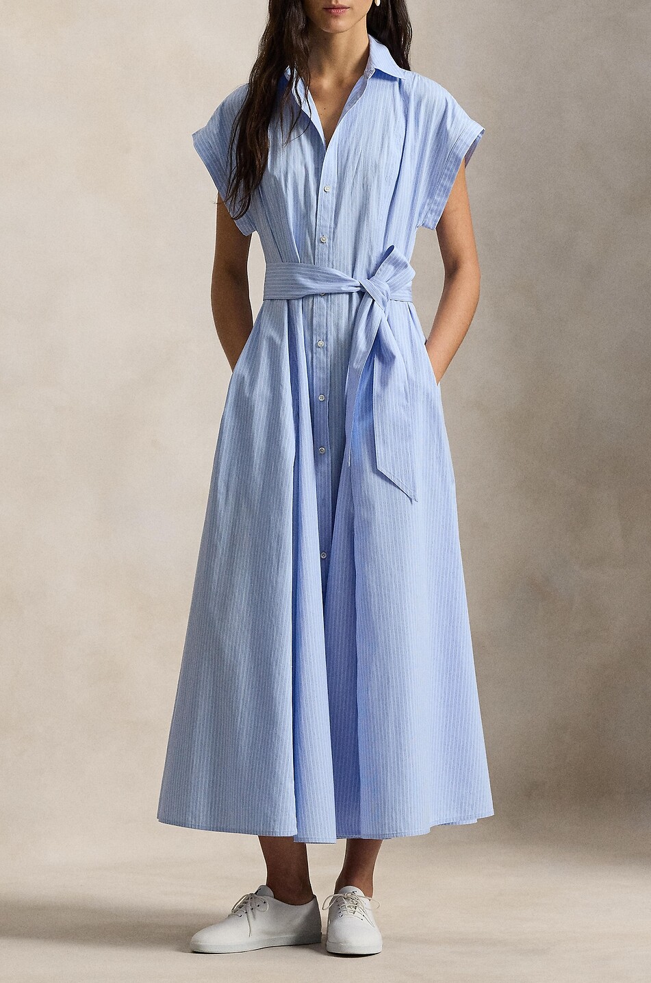 POLO RALPH LAUREN Striped cotton short-sleeved A-line midi shirt dress Women BLUE 2