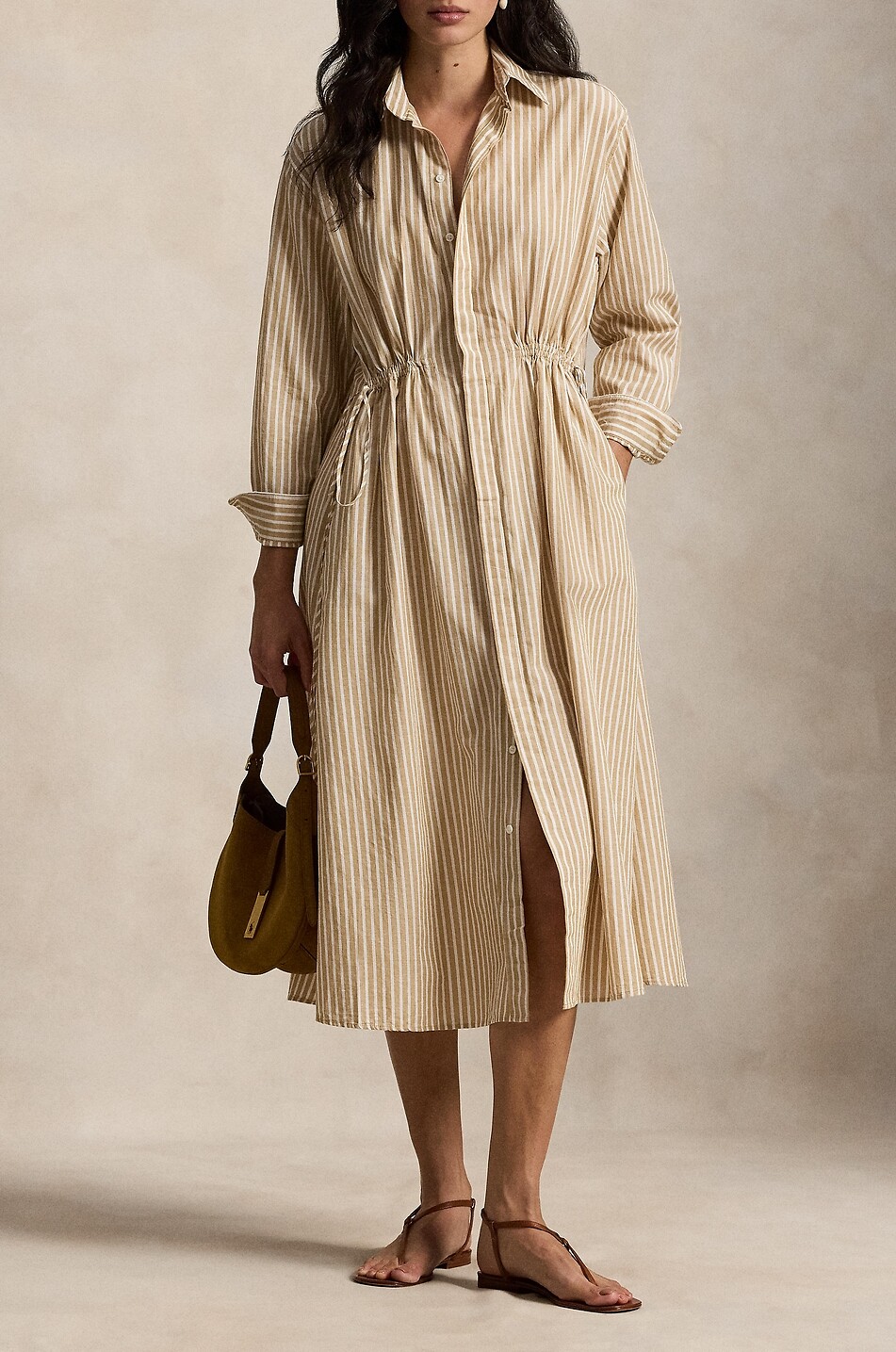 POLO RALPH LAUREN Gestreiftes Midi-Hemdkleid aus Baumwolle und Leinen mit Kordelzug Damen KAMELFARBEN 2