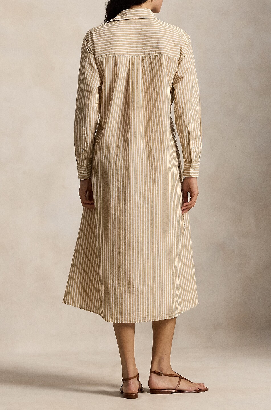 POLO RALPH LAUREN Gestreiftes Midi-Hemdkleid aus Baumwolle und Leinen mit Kordelzug Damen KAMELFARBEN 3