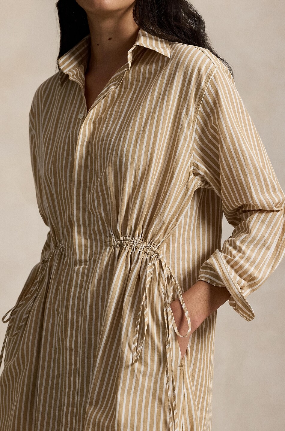 POLO RALPH LAUREN Gestreiftes Midi-Hemdkleid aus Baumwolle und Leinen mit Kordelzug Damen KAMELFARBEN 4
