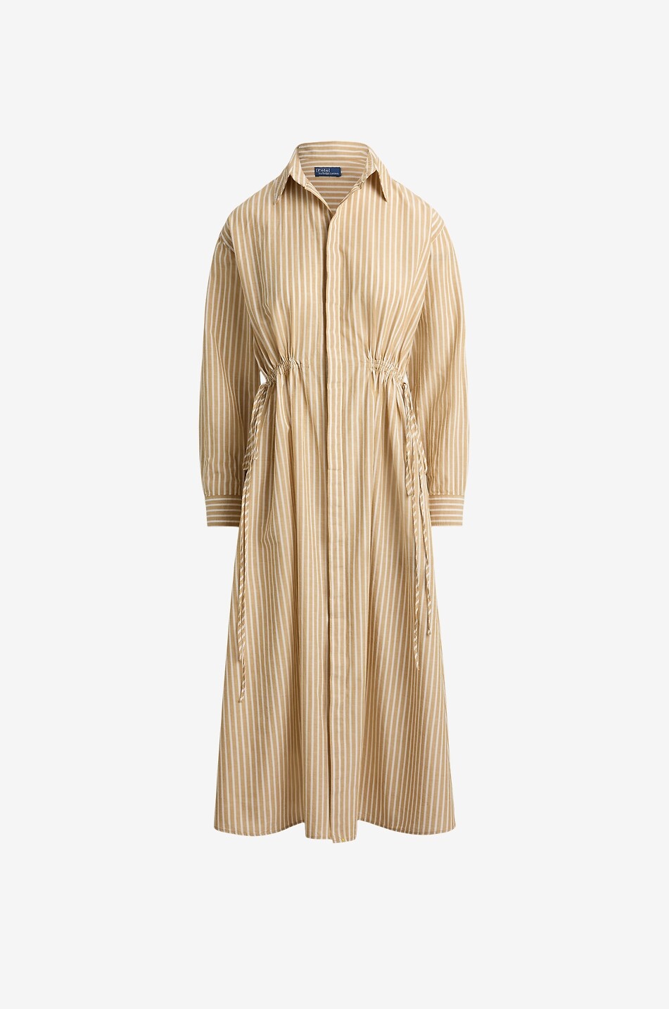 POLO RALPH LAUREN Gestreiftes Midi-Hemdkleid aus Baumwolle und Leinen mit Kordelzug Damen KAMELFARBEN 1
