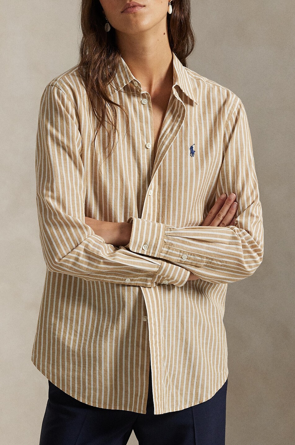 POLO RALPH LAUREN Striped cotton and linen shirt Women CAMEL 5