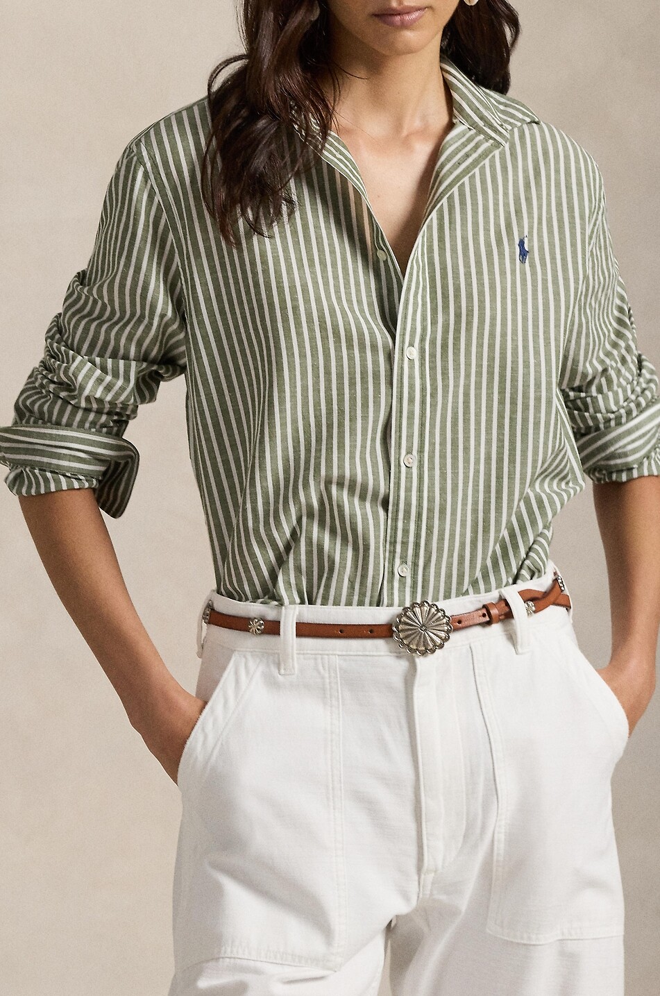 POLO RALPH LAUREN Striped cotton and linen shirt Women GREEN 5