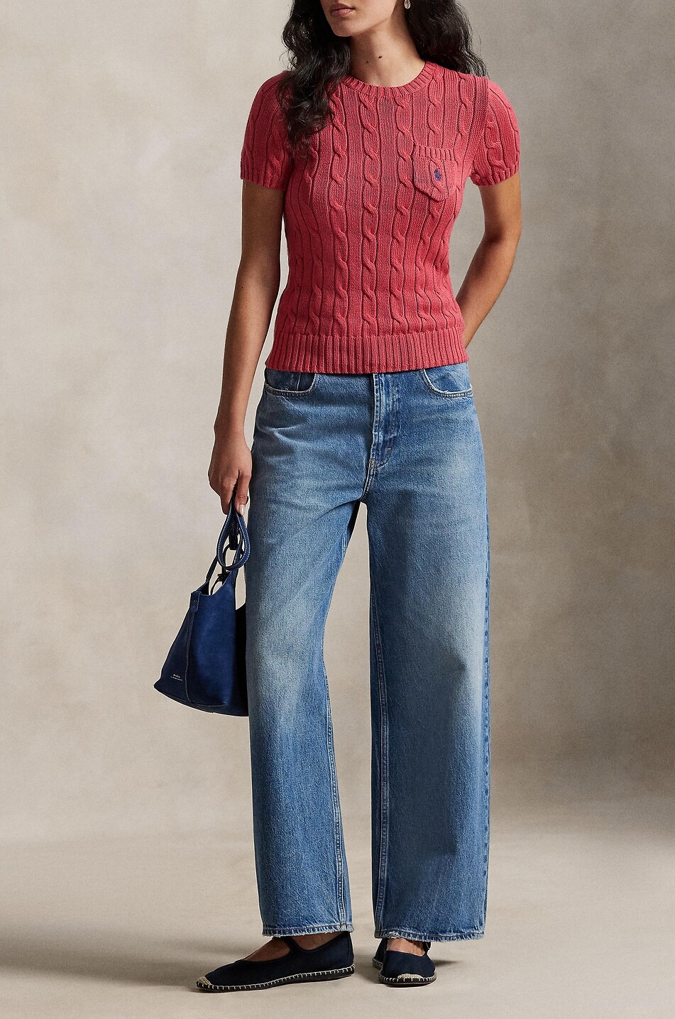 POLO RALPH LAUREN Pull torsadé en coton à manches courtes et poche poitrine Pony Femme ROUGE 2