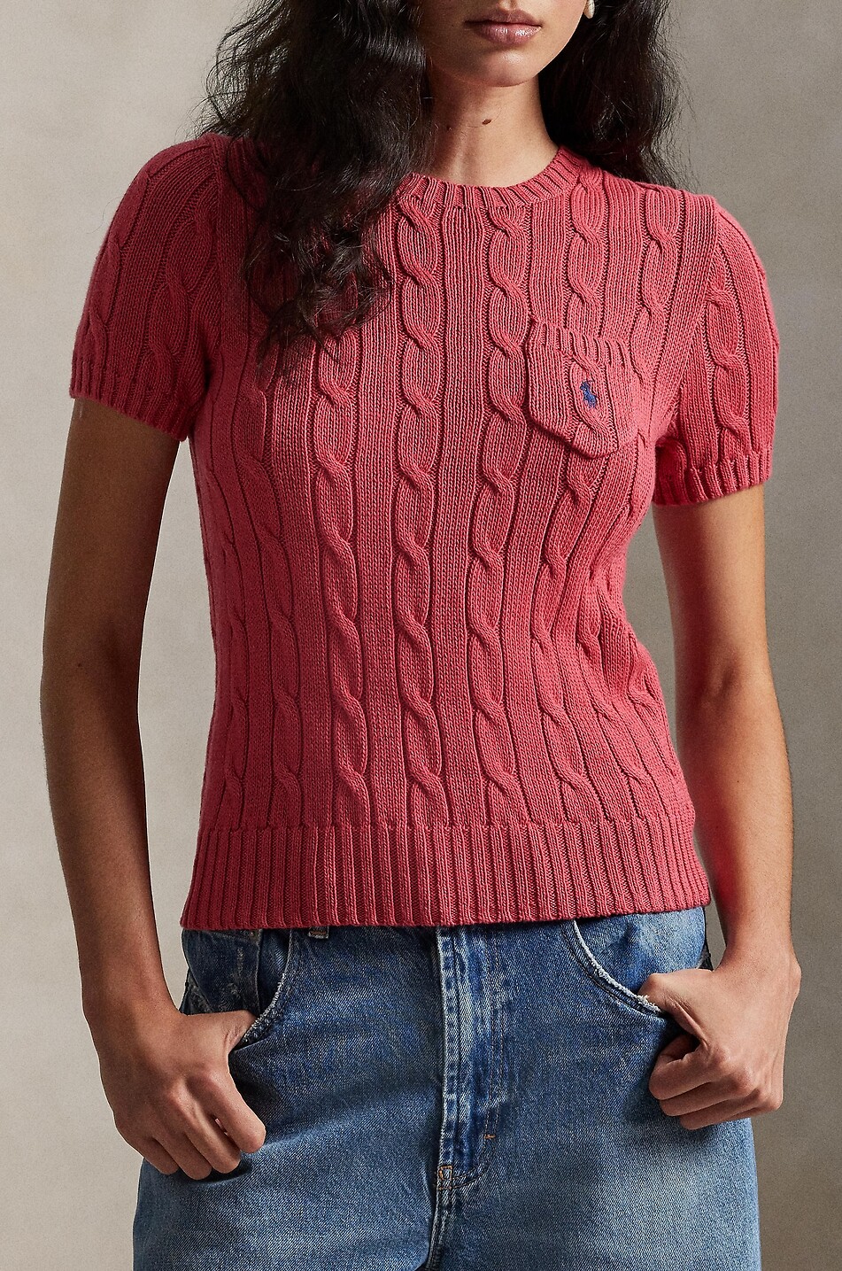 POLO RALPH LAUREN Pull torsadé en coton à manches courtes et poche poitrine Pony Femme ROUGE 5