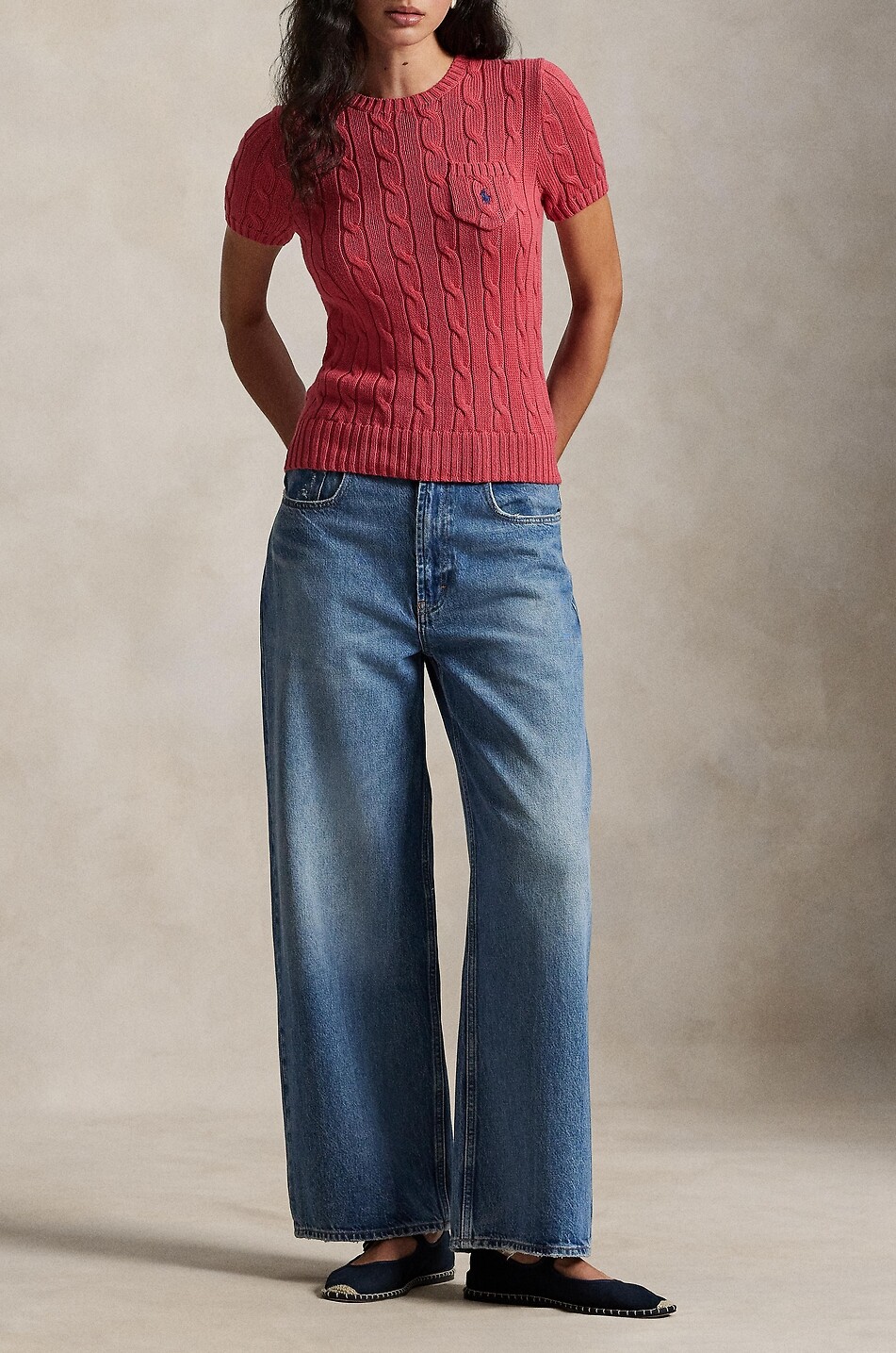 POLO RALPH LAUREN Pull torsadé en coton à manches courtes et poche poitrine Pony Femme ROUGE 6