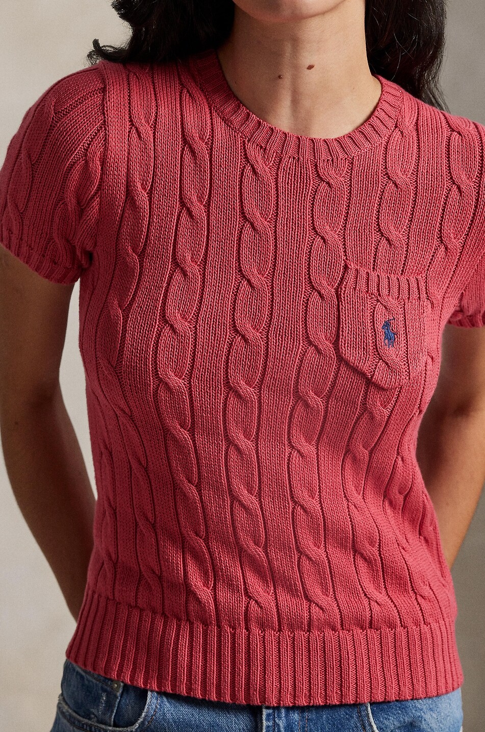 POLO RALPH LAUREN Pull torsadé en coton à manches courtes et poche poitrine Pony Femme ROUGE 4