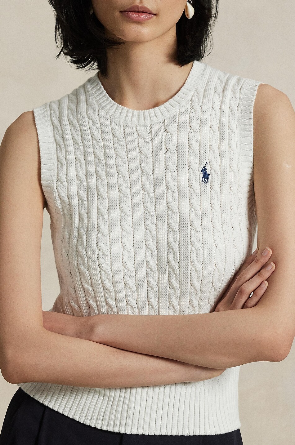 POLO RALPH LAUREN Pull torsadé sans manches à col rond en coton Pony Femme BLANC 4