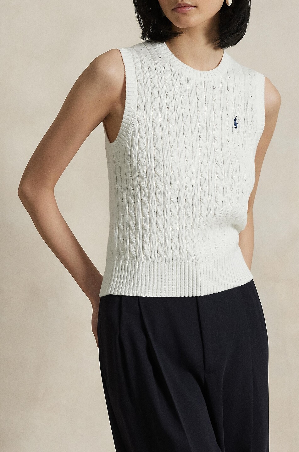 POLO RALPH LAUREN Pull torsadé sans manches à col rond en coton Pony Femme BLANC 5