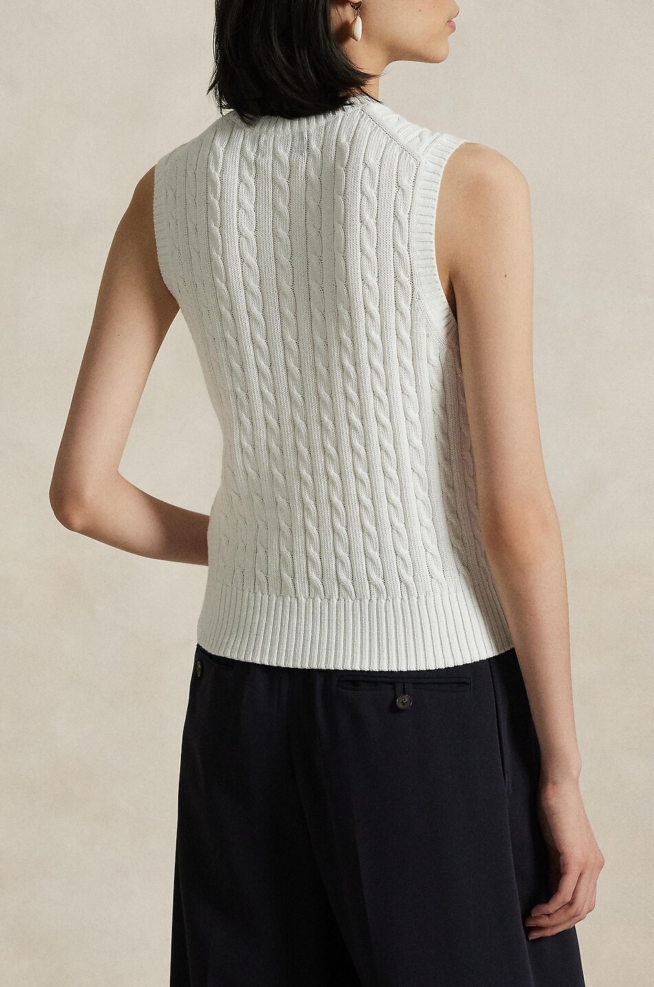 POLO RALPH LAUREN Pull torsadé sans manches à col rond en coton Pony Femme BLANC 3