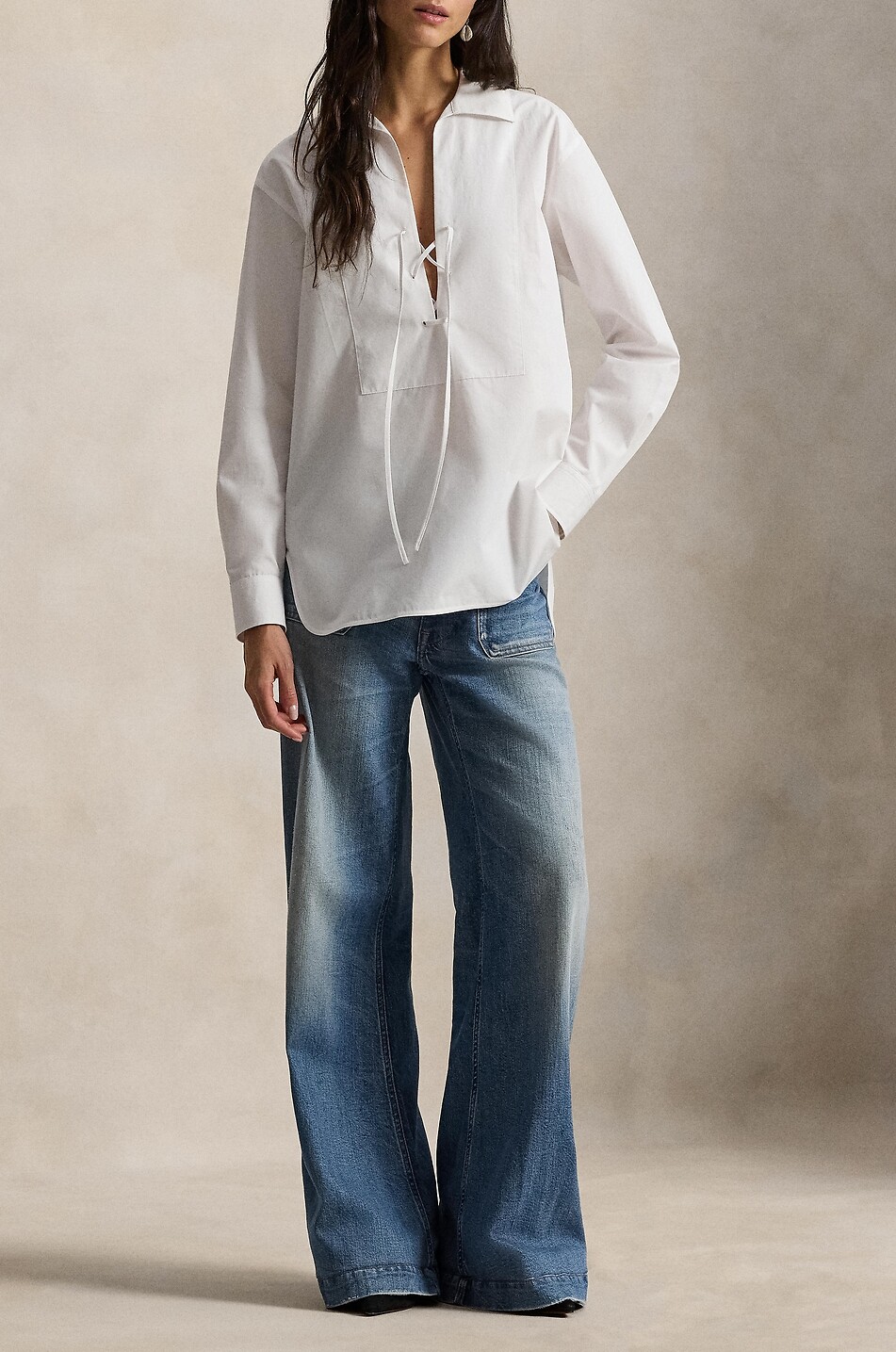 POLO RALPH LAUREN Lace-up tuxedo shirt in poplin Women WHITE 2