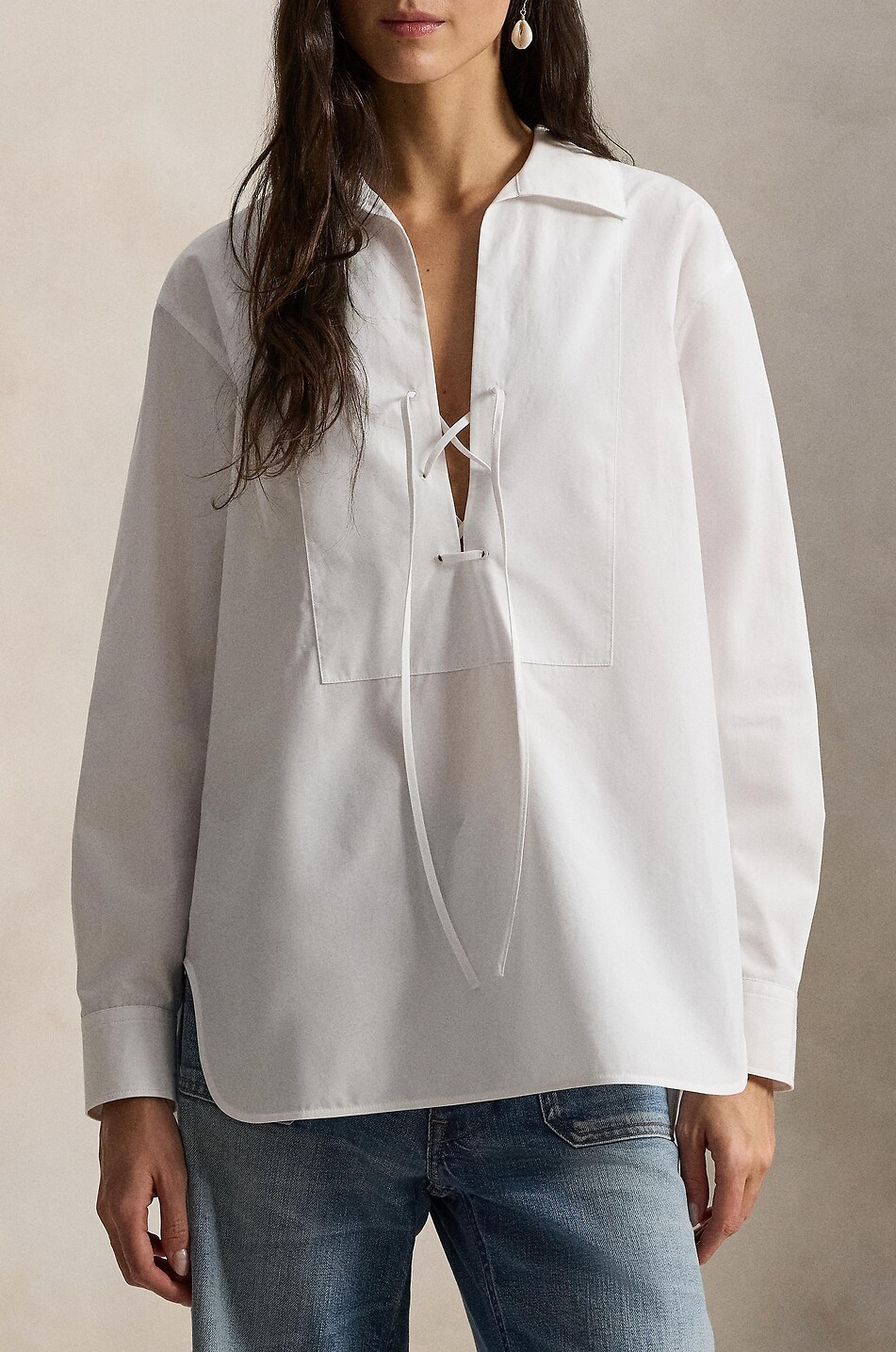 POLO RALPH LAUREN Lace-up tuxedo shirt in poplin Women WHITE 3