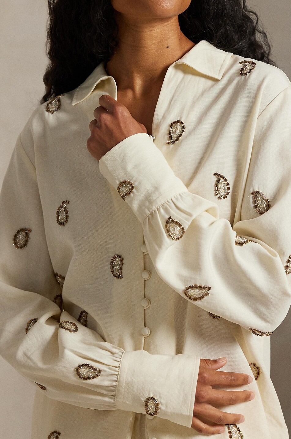POLO RALPH LAUREN Paisley-beaded lyocell and linen shirt Women EGGSHELL 4