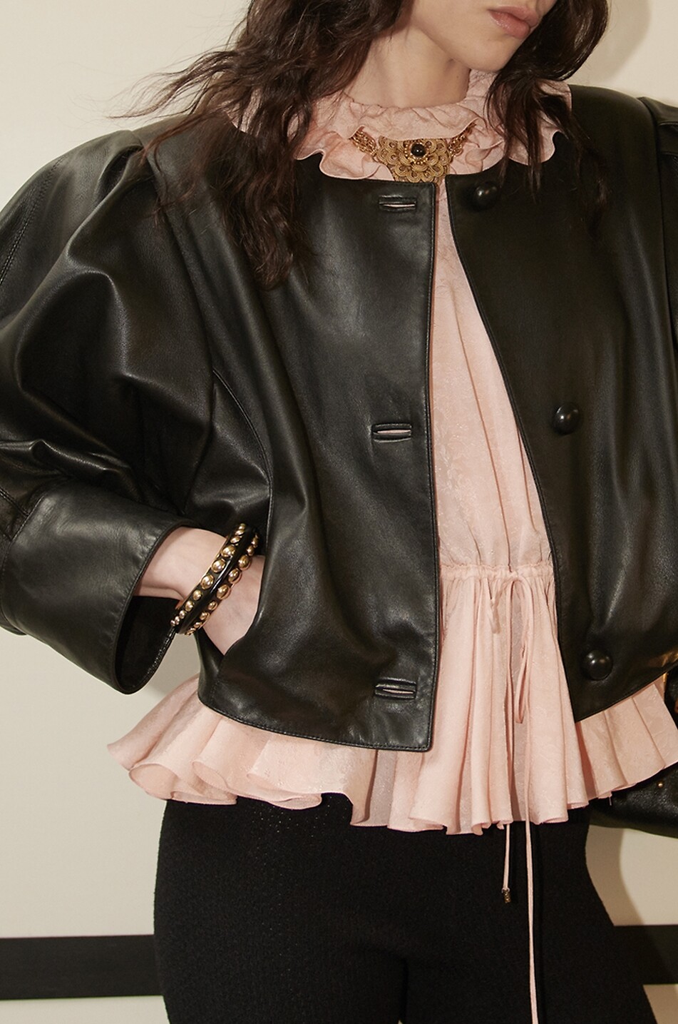 CHLOE Blouson court en cuir à manches chauve-souris Femme NOIR 3