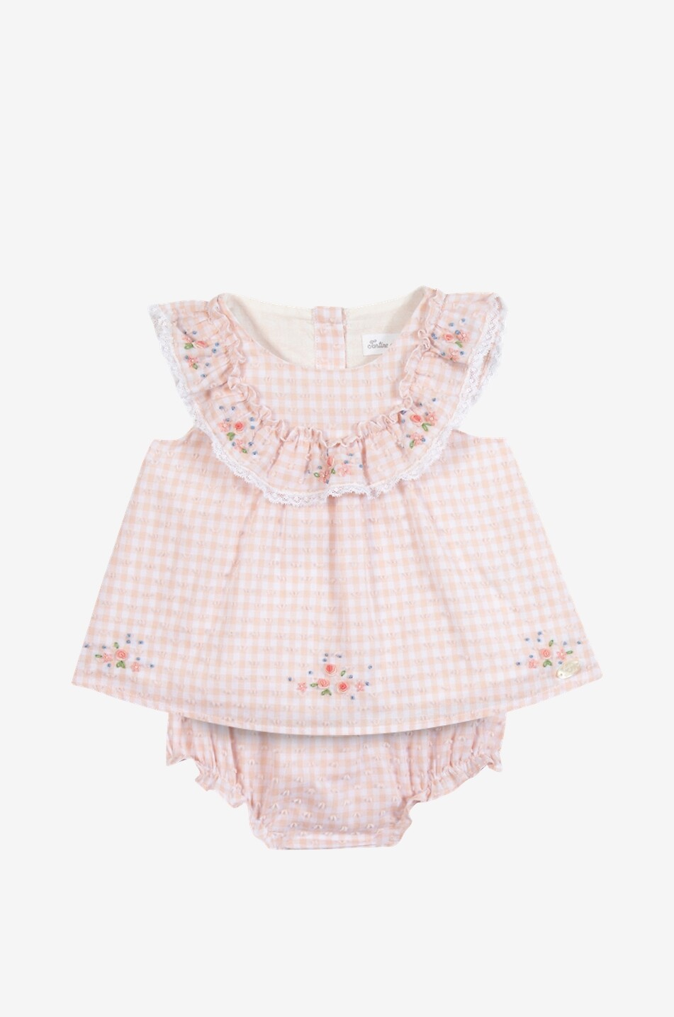 Ensemble bébé top et bloomers en coton à carreaux vichy et broderies florales