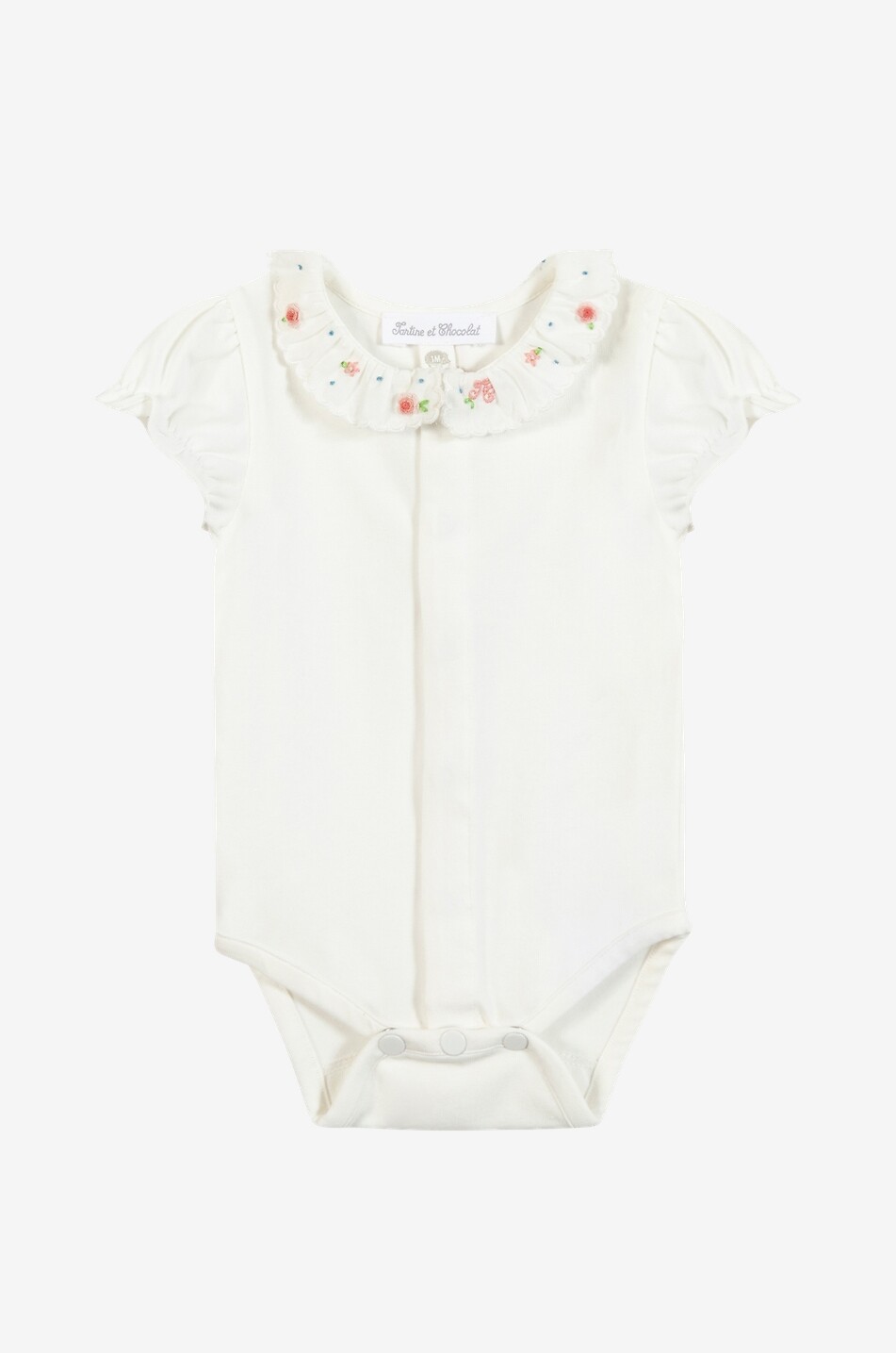 TARTINE ET CHOCOLAT Baby-Jersey-Body mit kurzen Ärmeln und blütenbesticktem Rüschenkragen Baby CREMEFARBEN 1