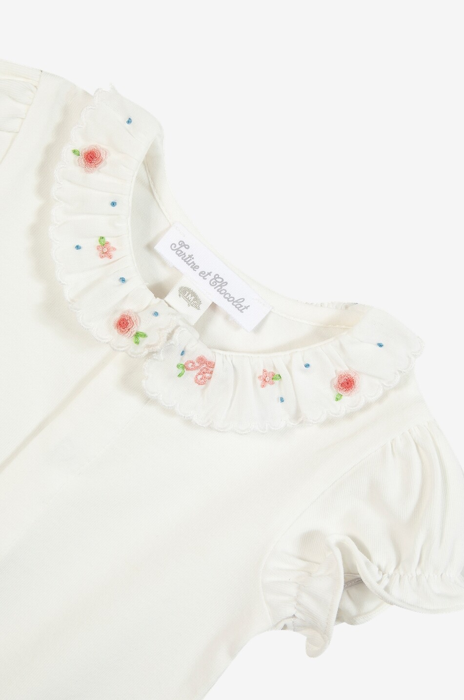 TARTINE ET CHOCOLAT Baby-Jersey-Body mit kurzen Ärmeln und blütenbesticktem Rüschenkragen Baby CREMEFARBEN 3