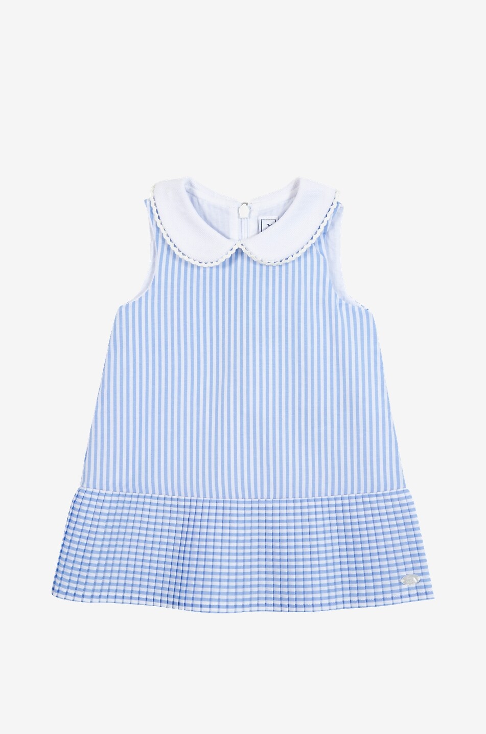 Sleeveless striped cotton baby dress with Peter Pan collar