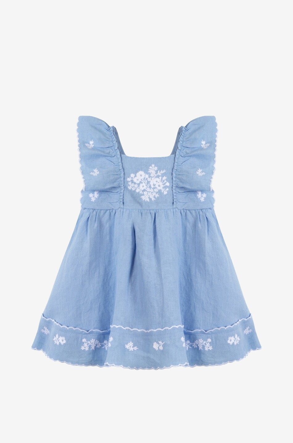 Sleeveless flower-embroidered ruffled linen baby dress