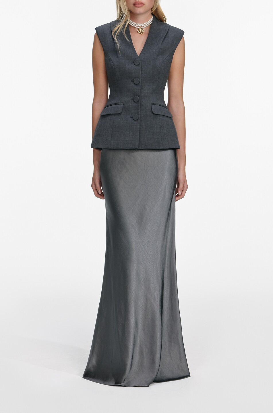 SELF PORTRAIT Tailored wool and satin maxi dress Women GREY 2