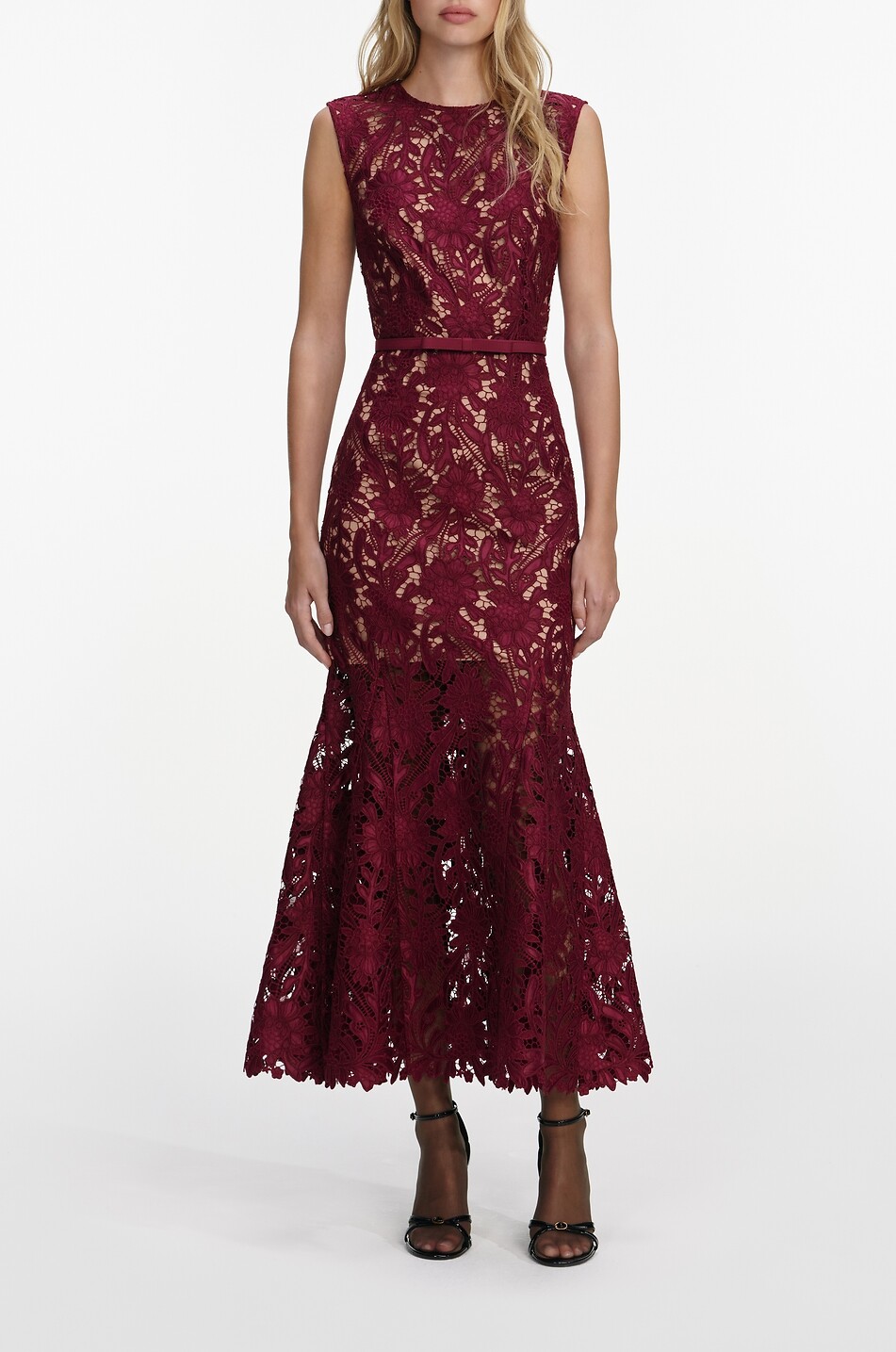 SELF PORTRAIT Sleeveless guipure midi dress Women DARK RED 2