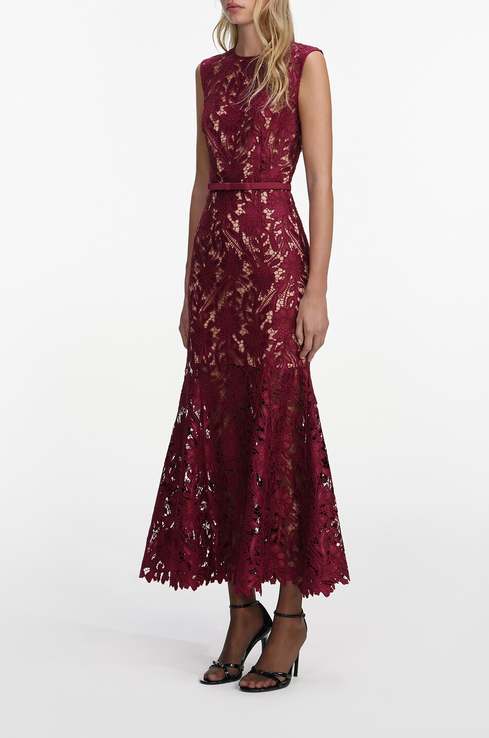 SELF PORTRAIT Sleeveless guipure midi dress Women DARK RED 3