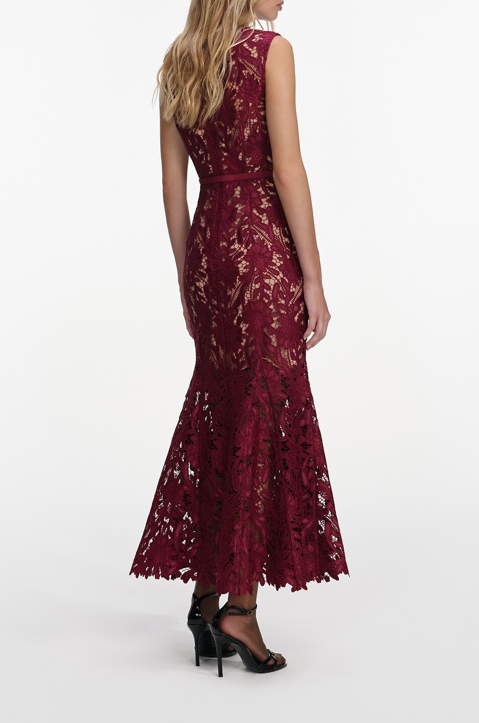 SELF PORTRAIT Sleeveless guipure midi dress Women DARK RED 5