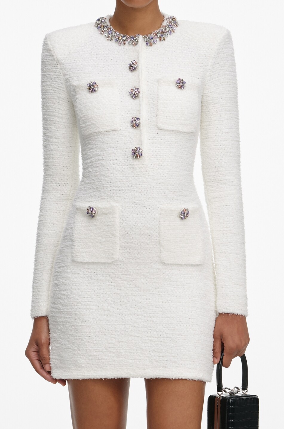 SELF PORTRAIT Crystal embellished bouclé knit fitted mini dress Women EGGSHELL 6