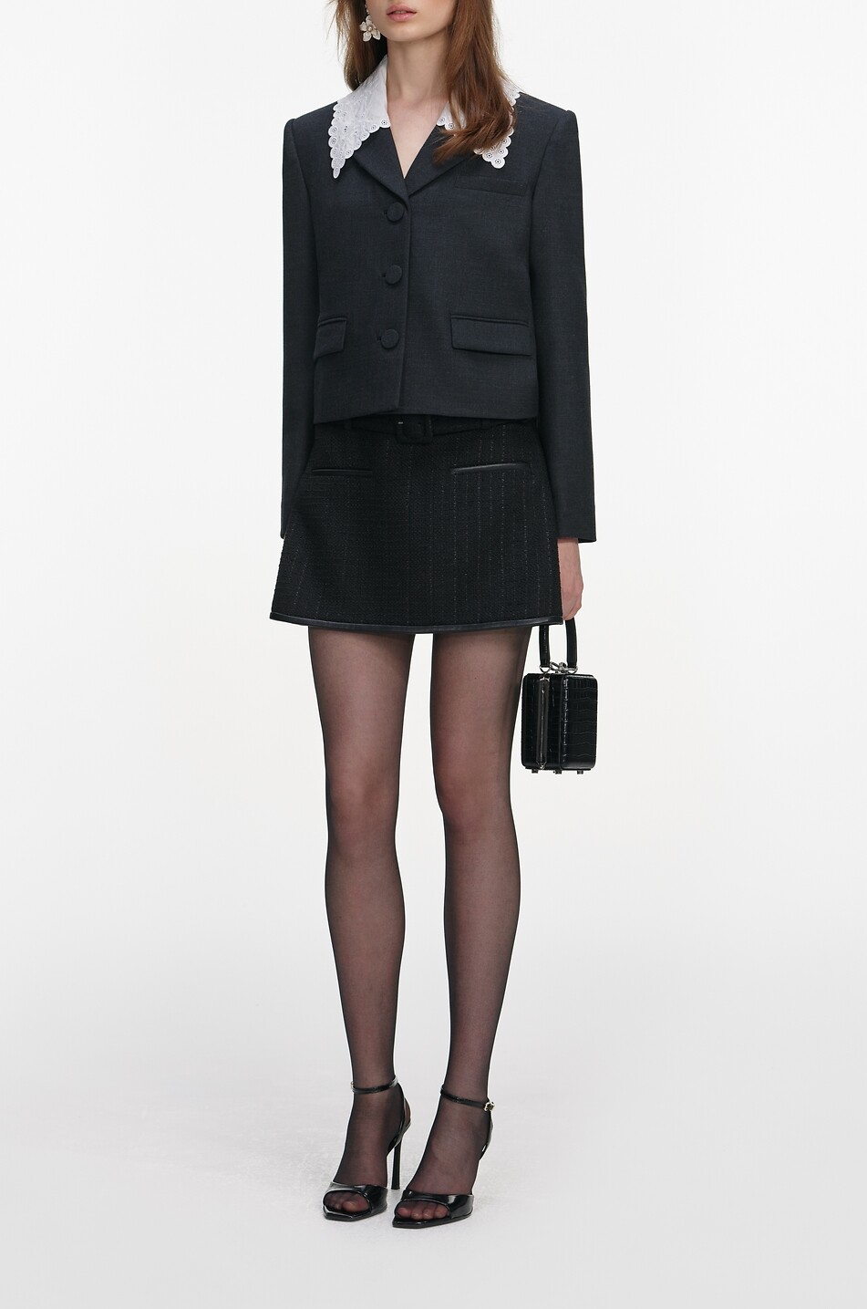 SELF PORTRAIT Cropped wool blazer with embroidered scallop collar Women GREY 3