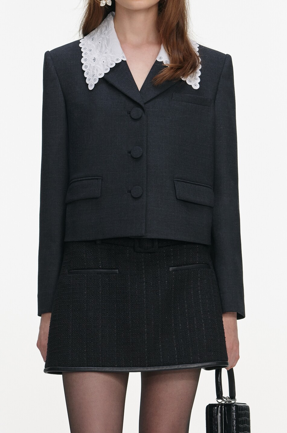 SELF PORTRAIT Cropped wool blazer with embroidered scallop collar Women GREY 6