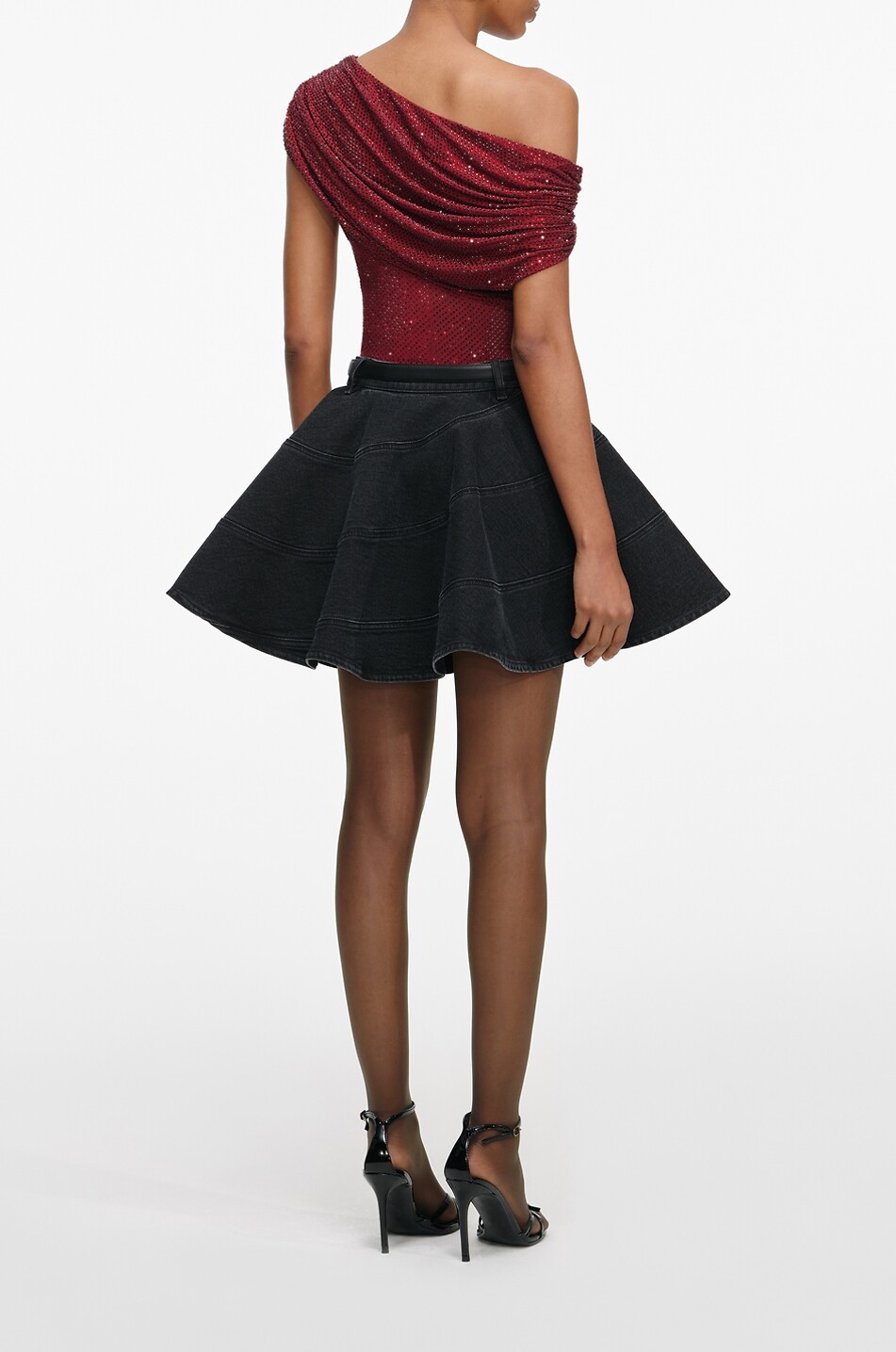 SELF PORTRAIT Top asymétrique drapé en jersey couvert de cristaux Femme ROUGE FONCÉ 5