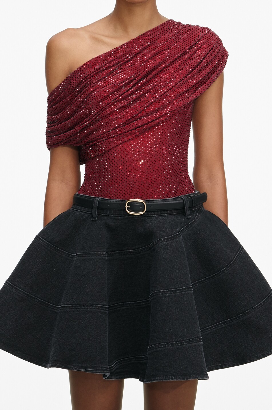 SELF PORTRAIT Top asymétrique drapé en jersey couvert de cristaux Femme ROUGE FONCÉ 6