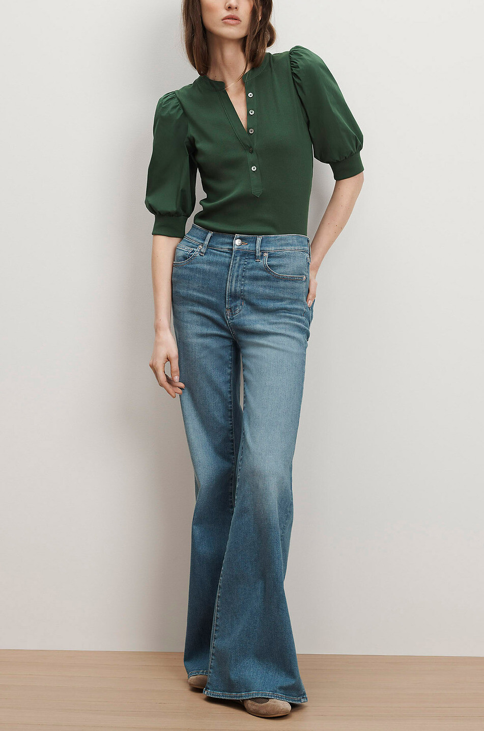 VERONICA BEARD Top à manches bouffantes en jersey côtelé Coralee Femme VERT FONCÉ 2