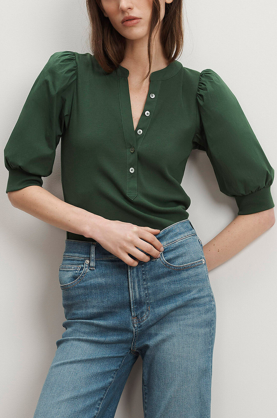 VERONICA BEARD Top à manches bouffantes en jersey côtelé Coralee Femme VERT FONCÉ 4