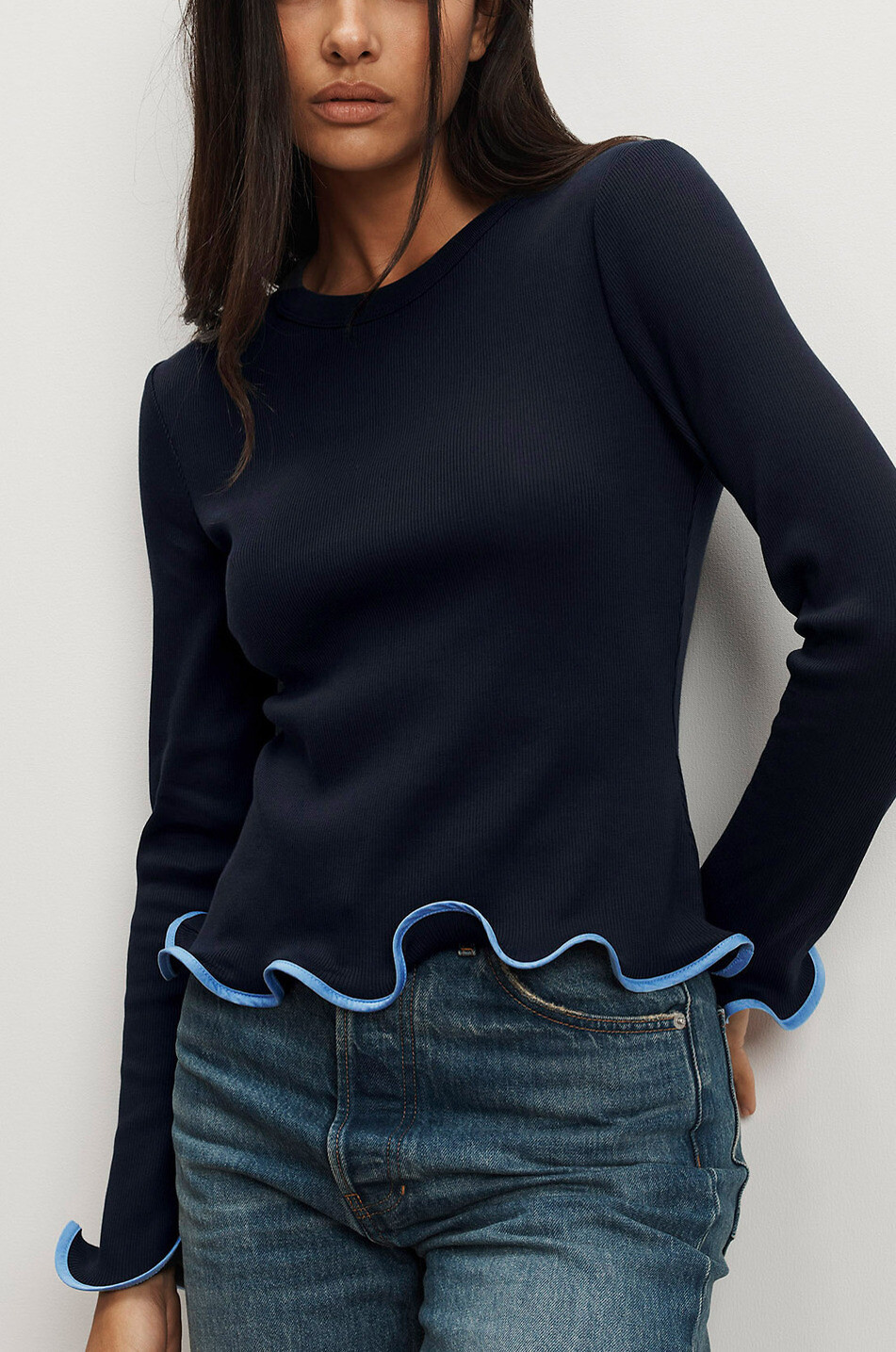 VERONICA BEARD Langarm-T-Shirt mit Rüschen Elianne Damen DUNKELBLAU 4