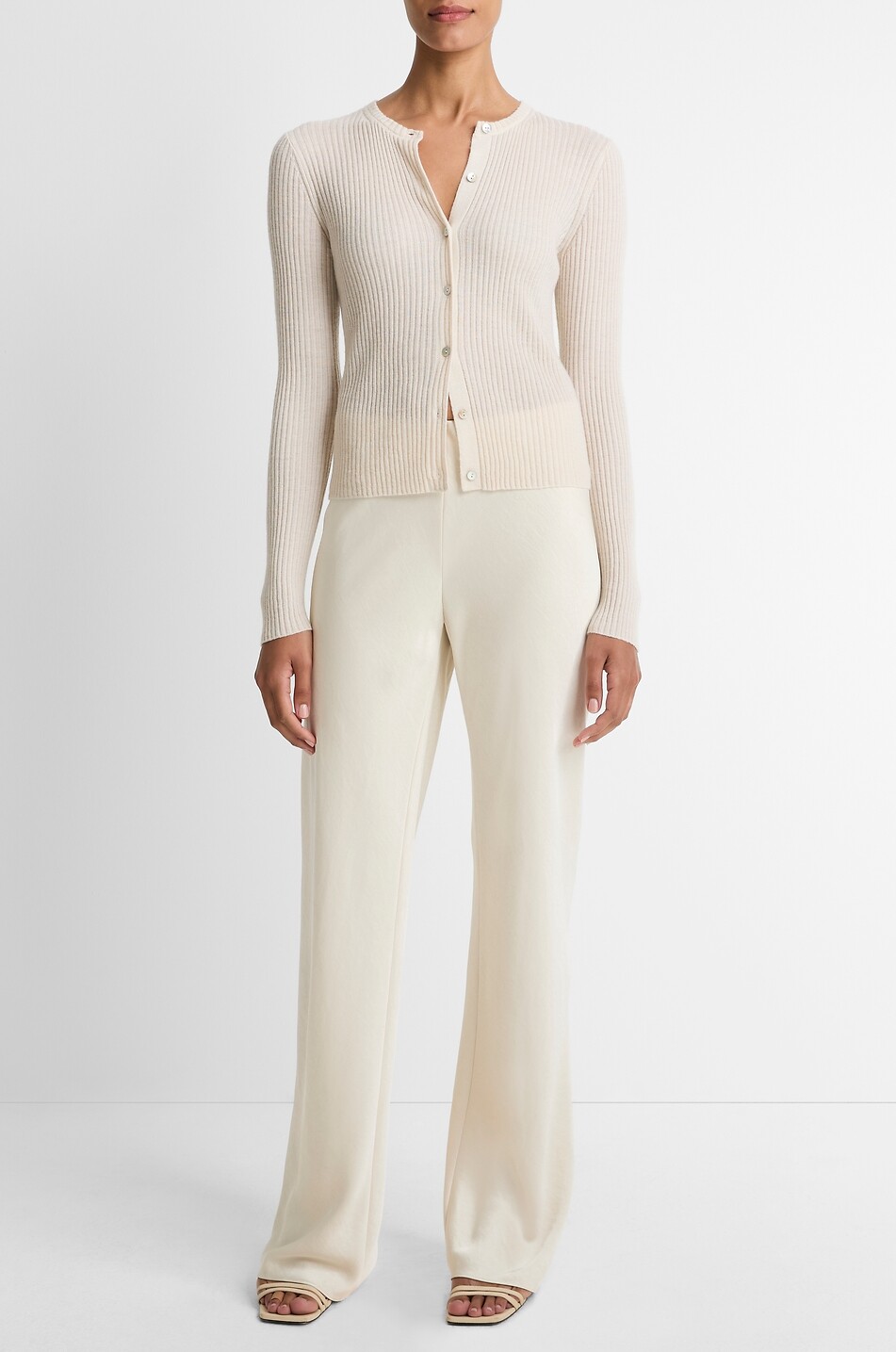 VINCE Cashmere and silk rib knit fine-gauge button-down cardigan Women EGGSHELL 2