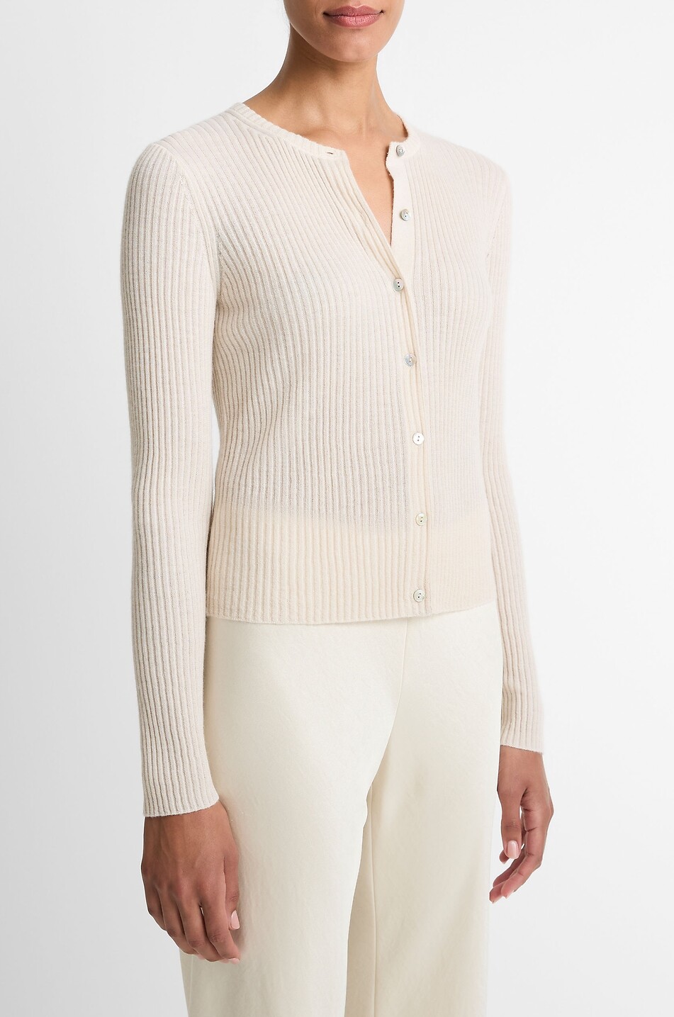 VINCE Cashmere and silk rib knit fine-gauge button-down cardigan Women EGGSHELL 4