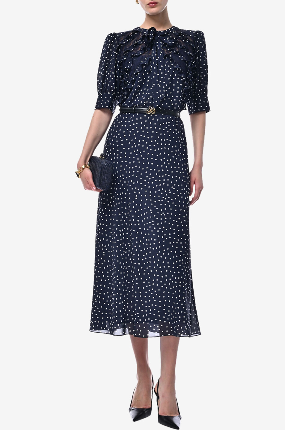 Palloncino polka dot silk and lace midi dress - LUISA SPAGNOLI - DARK BLUE  - Bongnie
